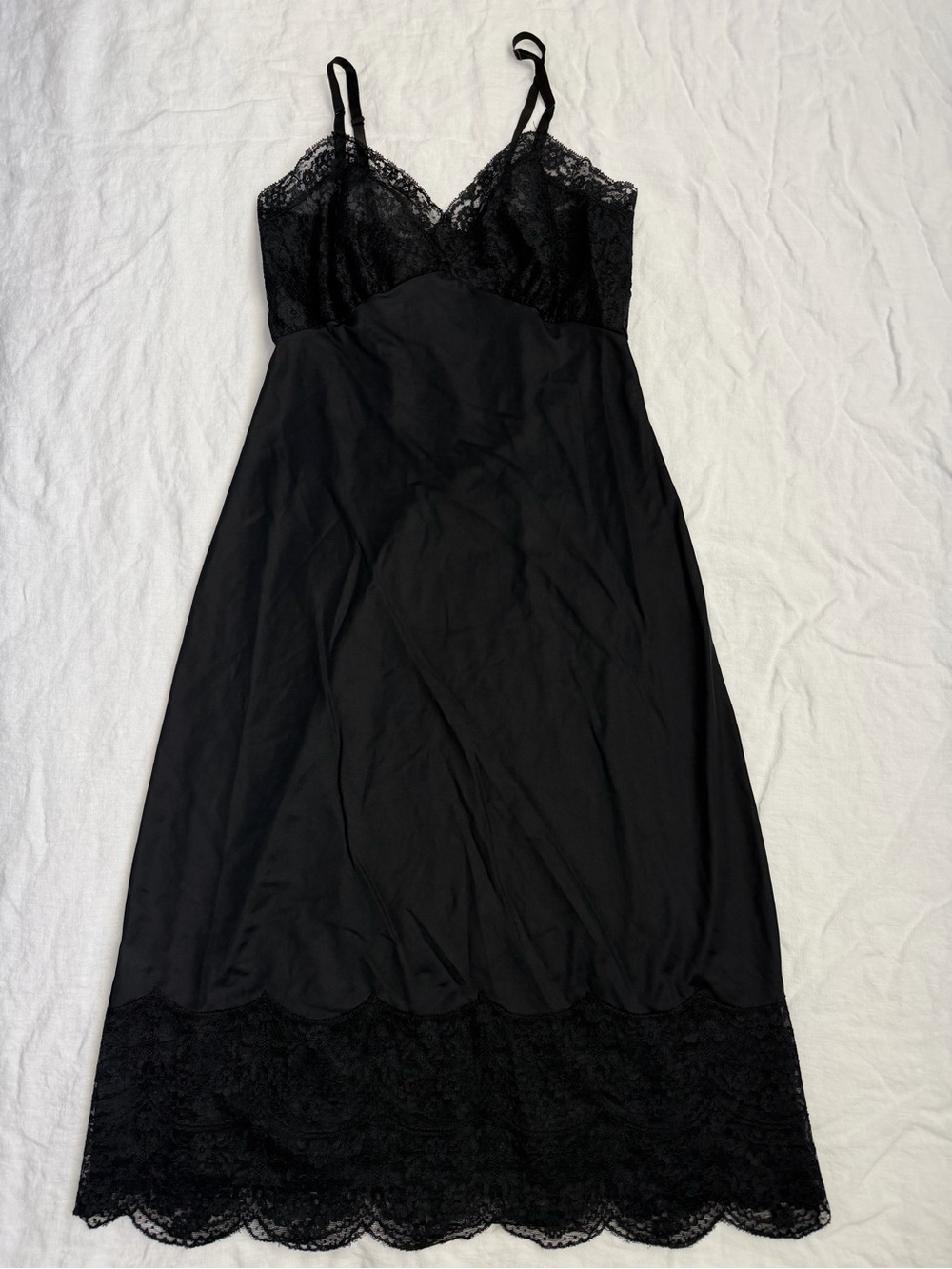 VTG Black Lace-Trim Slip Chemise with Adjustable Spaghetti Straps